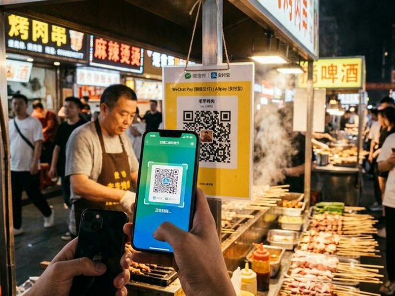 Foreign tourist using mobile payment app in China